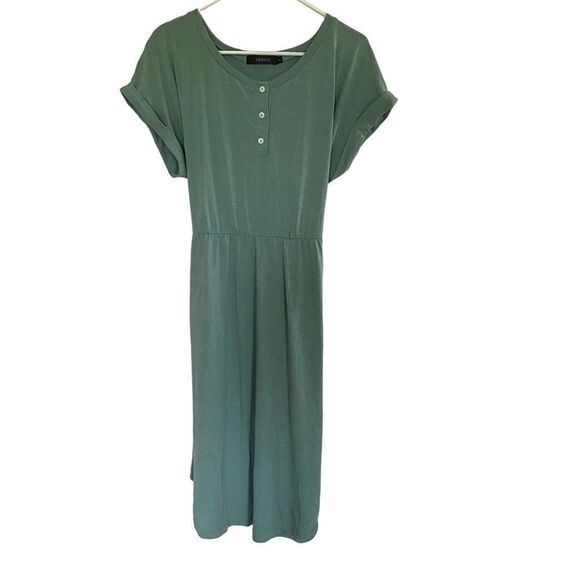 Zesica green cuffed sleeve belted sun dress large - Picture 1 of 6